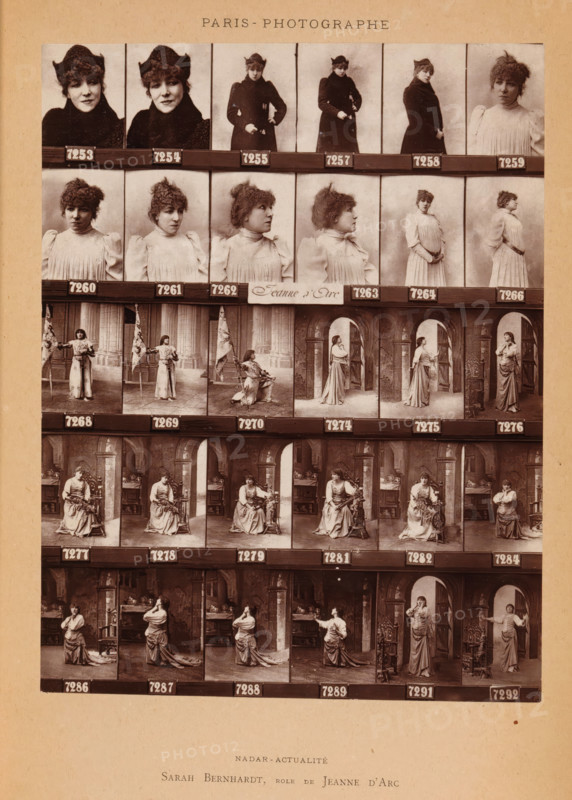 Thirty portraits of Sarah Bernhardt as Joan of Arc, Sarah Bernhardt, role de Jeanne d'Arc, page, photomechanical print, number: '7253, 7292', photographer: Félix Nadar, cliché maker: Pierre Patin, Paris, c. 1881 - in or before 1891, Félix Nadar, Pierre Patin, photographer, cliché maker, paper, Woodburytype, height 166 mm x width 128 mm, Person, Joan of Arc (Jeanne d'Arc), possible attributes: armor, banner, lance, sword, A sepia-toned photographic contact sheet mounted on a lighter backing showing rows of portrait and theatrical posed images of a woman in varied costumes and poses; the top row features head-and-shoulder portraits with the woman wearing a dark coat and hat, the next rows show three-quarter and full-length views of the woman in a light, high-collared dress with puffed sleeves and in a long robe or gown in staged interior and doorway settings, and several images depict her holding a flag or kneeling; the sheet contains small dark rectangular plaques beneath many images an...