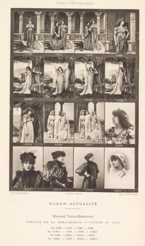 Sixteen portraits of Sarah Bernhardt, page, photomechanical print, inscription: 'Théatre de la Renaisscance. - Phèdre et Izeïl.', number: '11782, 11565', photographer: Félix Nadar, Paris, cliché maker: Dujardin, France, printer (person): Charles Wittmann, c. 1884 - in or before 1894, printer (person), paper, photoaquatint, height 159 mm x width 112 mm, Person, Sarah Bernhardt, portrait of actor, actress, A tall rectangular sheet shows a grid of small sepia photographic portraits and stage scenes arranged in rows, each framed by dark borders; the top row features theatrical scenes with ornate columns and dressed figures in flowing costumes, the next rows show women in long draped gowns posed against natural and architectural backdrops, and several close-up head-and-shoulder portraits appear in the lower rows with varied hats, veils, and hairstyles; beneath the image grid there is a wide blank margin with a title area and additional small printed lines.