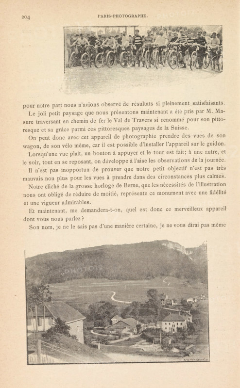 Group of men with bicycles and a view over a valley with houses, page, photomechanical print, photographer: anonymous, France, cliché maker: Rougeron, Vignerot et Cie, c. 1884 - in or before 1894, paper, autotype, height 265 mm x width 170 mm, Prints on page 204., bicycle, housing, dale, valley, A vertical page with two black-and-white photographs and printed paragraphs between them, the top photograph showing a group of people standing behind bicycles in a line, many wearing hats and striped shirts, and the bottom photograph depicting a hilly landscape with houses, winding paths, and scattered trees, all rendered in a faded, old-fashioned photographic style.