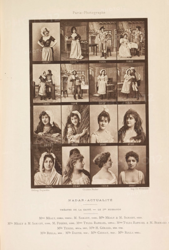 Sixteen portraits of actors and actresses, page, photomechanical print, From left to right: Juliette Méaly, M. Samary, Lucien Fugère, Mme Tylda Raphael, M. Bernard, Mlle Tusini, Mlle H. Gérard, Mlle Rolla, Mlle Dastie, Mlle Cernay., inscription: 'Théatre de la Gaité. - Le 3me Hussards.', number: '11900B, 9660A', photographer: Félix Nadar, Paris, cliché maker: Dujardin, France, printer (person): Charles Wittmann, c. 1884 - in or before 1894, printer (person), paper, photoaquatint, height 161 mm x width 113 mm, Person, Tylda Raphael, portrait of actor, actress, A rectangular collage of small sepia photographic portraits and staged scenes arranged in a grid with dark borders between each image, showing women and men in period costumes and varied poses; some frames depict full-length scenes of figures standing, sitting at a table, or interacting in interior settings with furniture and a fireplace, while other frames show head-and-shoulders portraits of young women with different hairstyles...
