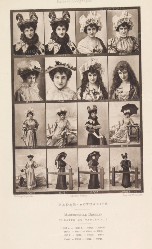 Sixteen portraits by Camille-Gabrielle Drunzer, page, photomechanical print, inscription: 'Théatre de Vaudeville', number: '12017A, 12021', photographer: Félix Nadar, Paris, cliché maker: Dujardin, France, printer (person): Charles Wittmann, c. 1884 - in or before 1894, printer (person), paper, photoaquatint, height 158 mm x width 110 mm, Person, Camille-Gabrielle Drunzer, portrait of actor, actress, A vertical sheet showing a grid of photographic portrait panels bordered in black, each panel containing a sepia-toned image of a young woman in period dress and various hats or headpieces, some with veils, ruffles, lace collars, parasols, or long flowing hair, arranged in rows and columns with narrow margins between panels; the top of the sheet has a faint printed heading, and below the grid there is a block of printed lines and a centered title line, followed by additional lines of small printed text near the bottom.