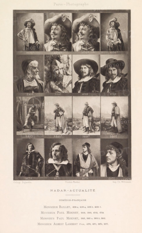 Sixteen portraits of actors, page, photomechanical print, From left to right: Monsieur Baillet, Paul Mounet and Albert Lambert., inscription: 'Comédie-Française', number: '4838A, 2077', photographer: Félix Nadar, Paris, cliché maker: Dujardin, France, printer (person): Charles Wittmann, c. 1884 - in or before 1894, printer (person), paper, photoaquatint, height 157 mm x width 110 mm, Person, Jean Mounet-Sully, portrait of actor, actress, A vertically oriented printed sheet displays a rectangular grid of portrait and full-length photographic images arranged in rows and columns, each image enclosed by a thin dark border. The top row shows four images of a man wearing a wide-brimmed hat with a feather and a ruffled collar, two of them close-up head portraits and two full-figure poses with the man standing and one hand on his hip. The next row features four head-and-shoulder portraits: a bearded older man in a hooded garment facing sideways, a man wearing a fur headdress and elaborate cost...