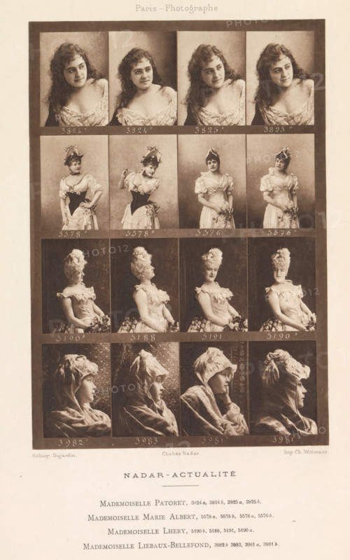 Sixteen portraits of actresses, page, photomechanical print, From left to right: Mademoiselle Patoret, Marie Albert, Mademoiselle Lhery and Mademoiselle Liebaux-Bellefond., number: '3824A, 3981B', photographer: Félix Nadar, Paris, cliché maker: Dujardin, France, printer (person): Charles Wittmann, c. 1884 - in or before 1894, printer (person), paper, photoaquatint, height 160 mm x width 111 mm, portrait of actor, actress, A sepia-toned sheet shows a grid of portrait photographs arranged in rows and columns within dark rectangular frames, each cell containing a different head-and-shoulders or waist-up image of women in vintage dress and period hairstyles or bonnets; the top row features a young woman with loose wavy hair and an off-the-shoulder bodice shown in several similar poses, the second row shows a woman wearing a decorative hat and a dress with a fitted corset in varying gestures, the third row depicts a woman in a high-necked dress with a tall feathery hat seen in seated three-...