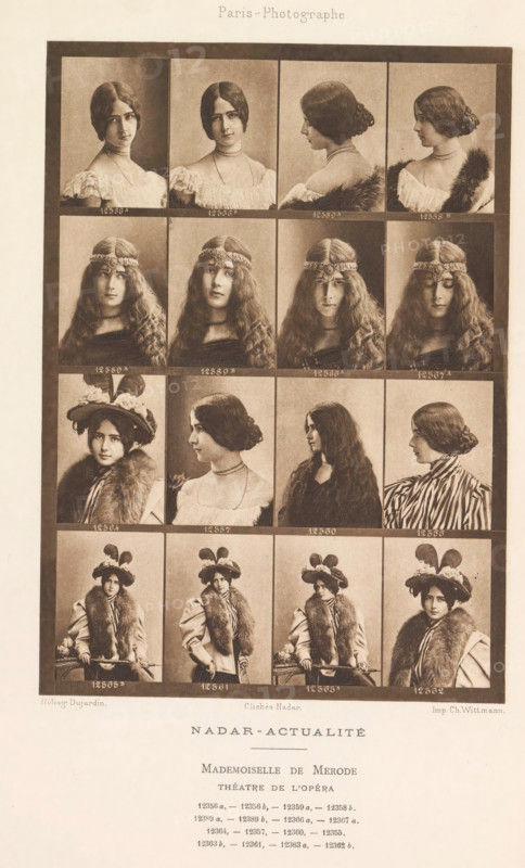 Sixteen portraits by Cléo de Mérode, page, photomechanical print, number: '12356A, 12362', inscription: 'Théatre de l'Opéra', photographer: Félix Nadar, Paris, cliché maker: Dujardin, France, printer (person): Charles Wittmann, c. 1884 - in or before 1894, Félix Nadar, Dujardin, Charles Wittmann, photographer, cliché maker, printer (person), paper, photoaquatint, height 157 mm x width 111 mm, Person, Cléo de Mérode, portrait of actor, actress, A sepia-toned sheet shows a rectangular grid of portrait photographs of a young woman in various poses and outfits, arranged in rows and columns within a dark border; the top row features head-and-shoulder views with the woman facing forward and in profile wearing an off-the-shoulder dress and a fur stole in some images, her hair styled in a low bun or parted and smoothed; the next row shows the woman with long loose wavy hair wearing an ornate headband and a dark choker, with subtle changes in expression and gaze; the third row includes a portra...