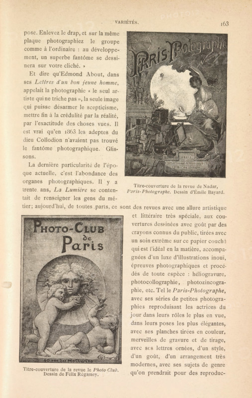 Two photo reproductions of a photo magazine and an announcement for a photo club, reproduction, page, photomechanical print, France, clichémaker: anonymous, after drawing by Émile-Antoine Bayard, after drawing by Félix Régamey, 1886, photographer, cliché maker, paper, autotypie, height 264 mm x width 165 mm, Prints on page 163., weekly, monthly, magazine, A page from an old printed publication with two illustrated rectangular images aligned vertically on the right and left sides, surrounded by columns of printed text in a serif typeface; the top right illustration shows an ornate poster-like image with a large round light source, a seated robed figure reaching toward it, and decorative photographic equipment and architectural elements below, while the lower left illustration depicts a circular framed portrait of a woman with flowing hair holding a child and two cherubic children at her feet; the page background is aged and slightly yellowed with margins and small blemishes.