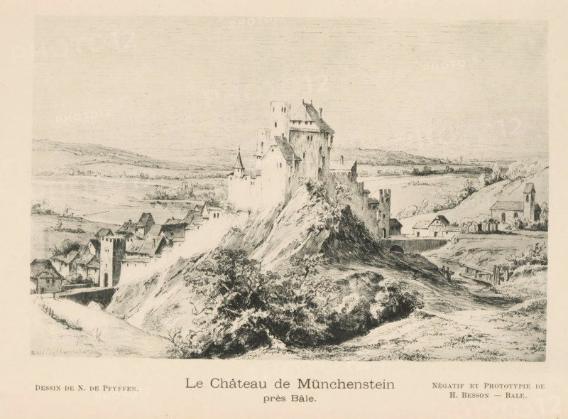 Le château de Münchenstein, Photo reproduction of a design by N. de Pfyffer, reproduction, page, photomechanical print, photographer: H. Besson, after design by Niklaus Pfyffer, c. 1892, paper, collotype, photoprint, height 108 mm x width 164 mm, landscape with tower or castle, painting, drawing and the graphic arts, A detailed pen-and-ink landscape showing a hilltop castle with multiple towers and steep rocky slopes overlooking a village of clustered houses with pitched roofs, a river in the middle distance, and rolling fields stretching to the horizon; trees and shrubs dot the hillside and the lowlands, a small church with a tower stands on the right near a group of smaller buildings, and a road winds past a wooden fence toward the foreground.