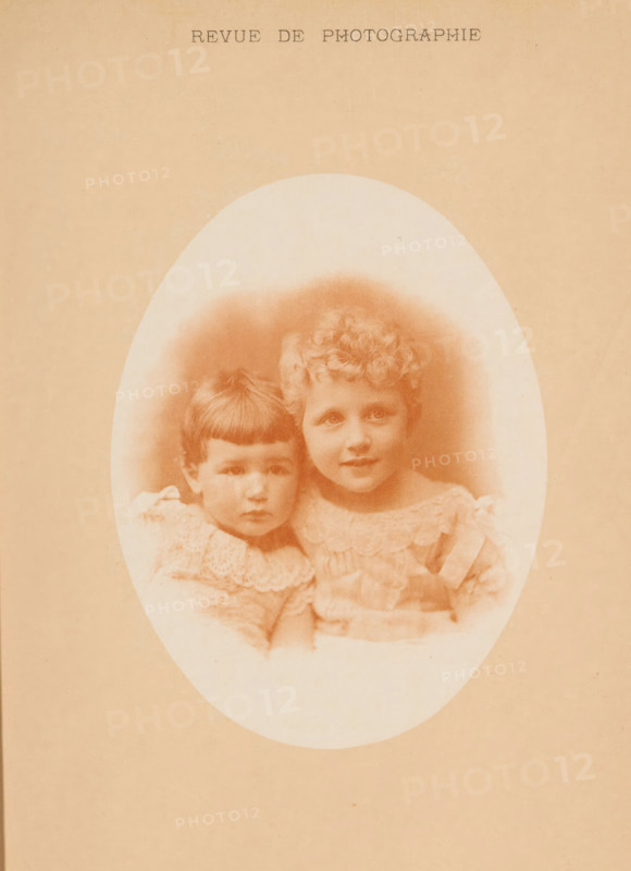 Portrait of two young unknown children, page, photomechanical print, inscription: 'Revue de Photographie', maker: F. Thévoz & Cie., c. 1887 - in or before 1892, paper, collotype, photoprint, height 120 mm x width 92 mm, historical persons, toddler, A faded oval sepia photograph of two young children framed by a blank textured background, showing a child with short straight hair and a lace-collared dress leaning against a child with curly hair wearing a frilled dress, both seated close together with neutral expressions and soft lighting that mutes facial details.