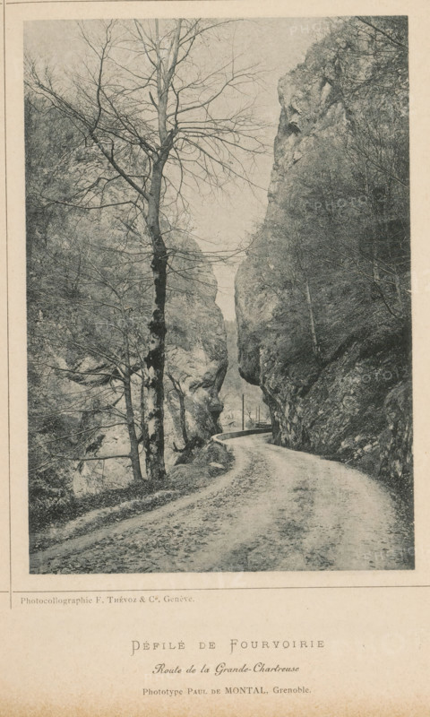 Défilé de fourvoirie - Route de la Frande-Charteuse, View of a path through an area of rocks, page, photomechanical print, inscription: 'Revue de Photographie', maker: MP du Montal, maker: F. Thévoz & Cie., c. 1887 - in or before 1892, paper, collotype, photoprint, height 154 mm x width 110 mm, road, path, rocks, A narrow winding dirt road runs between tall rock cliffs, curving away toward a distant opening; bare deciduous trees with thin branches line the roadside and stand against the rocky faces, one prominent tree trunk close to the foreground showing textured bark; steep rock walls rise on both sides with rough surfaces and scattered vegetation, and a low stone or concrete barrier edges part of the road near the cliff; the scene is monochrome and framed by a pale border.