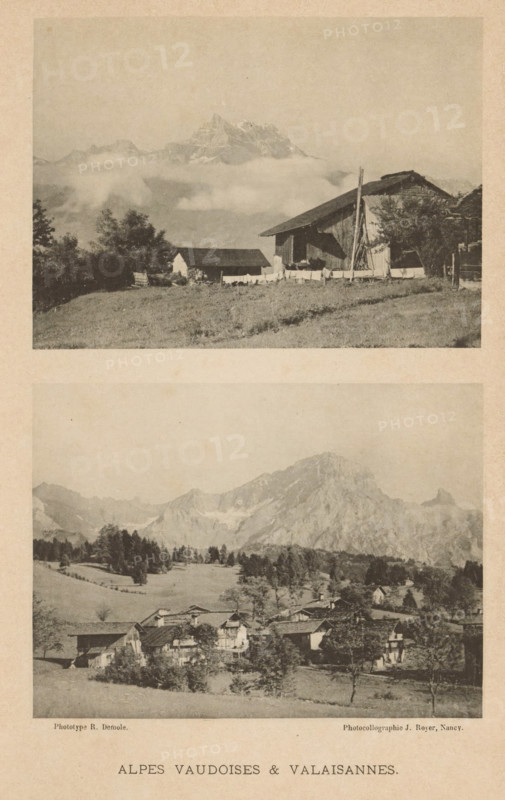 Plate with a view of the Valais Alps and the Alps in Vaud, Alpes Vaudoises & Valaisannes, page, photomechanical print, maker: Eugène Demole, maker: Jules Royer, c. 1890 - in or before 1895, paper, collotype, photoprint, height 170 mm x width 109 mm, city-view, and landscape with man-made constructions, mountains, A vertically oriented sheet shows two separate sepia-toned landscape photographs stacked one above the other, each framed by a pale border and surrounded by a textured background. The upper photograph depicts a gently sloping grassy foreground leading to a rustic wooden barn with a pitched roof and an adjacent smaller structure, a simple fence running nearby and a few scattered trees; low clouds hover in the midground and a rugged mountain peak rises behind them. The lower photograph shows a broad valley with grassy fields and tree clusters, a small village of clustered houses with pitched roofs in the middle distance, and steep rocky mountains forming a jagged backdrop.