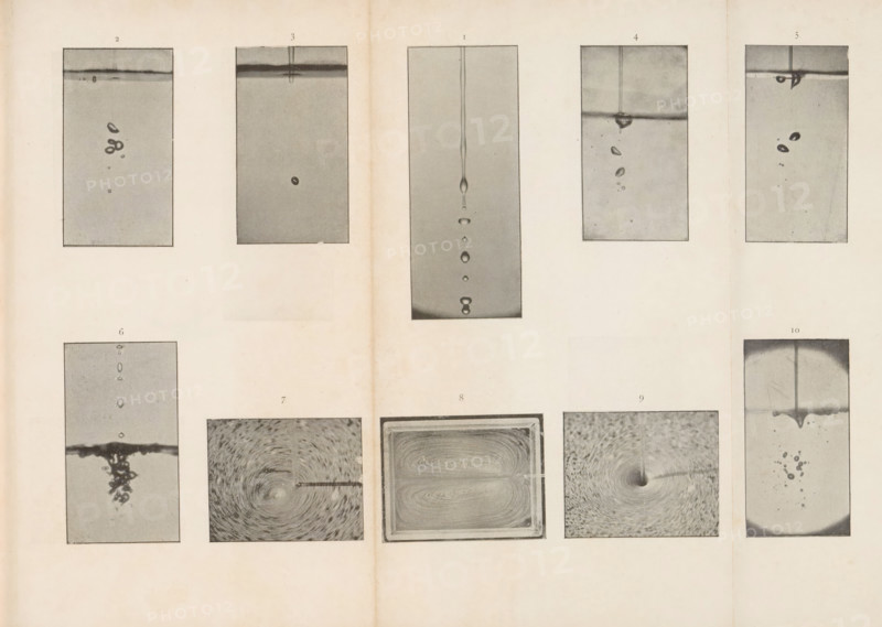 Ten images of water droplets, page, photomechanical print, number: '2 3 1 4 5, 6 7 8 9 10', c. 1891 - in or before 1896, paper, autotype, height 226 mm x width 323 mm, Print on folding page, opposite page 272., water (one of the four elements), A large sheet with a faded cream background displays a grid of rectangular framed photographic panels showing liquid surfaces and drops; the top row features vertical panels with droplets falling from a horizontal boundary and a central tall panel with a slender vertical column of liquid and a series of suspended and falling drops, the upper panels framed by thin dark borders; the lower row contains a mix of vertical and horizontal panels including images of turbulent liquid beneath a surface, a rectangular frame showing swirling flow patterns, and a circular vorticity pattern in a square panel; overall the images are grayscale with varied tones from light gray to dark and the sheet shows subtle vertical discoloration where it folds.