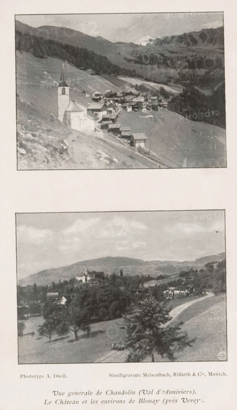 View of Chandolin, Switzerland, Vue générale de Chandolin (Val d'Anniviers), page, photomechanical print, maker: A. Düeil, cliché maker: Meisenbach, Riffarth & Cie., Munich, c. 1892 - in or before 1897, A. Düeil, Meisenbach, cliché maker, Bavaria, paper, autotypie, height 75 mm x width 100 mm, prospect of village, silhouette of village, Chandolin, A vertically oriented page shows two sepia-toned landscape photographs framed with thin borders, one above the other, separated by blank space; the top photograph depicts a hillside village with clustered buildings and a church featuring a tall steeple rising near the foreground, sloping terrain with scattered structures and fenced paths leading down the hill, dark tree-covered ridges and distant mountains in the background, and a textured sky; the lower photograph shows a gently rolling landscape with trees in a grassy foreground, a winding road curving past farmhouses and clustered buildings, a larger building complex set on a rise amid tre...