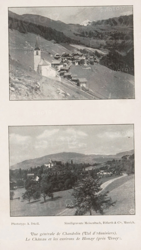 View of the castle and surroundings of Blonay, Switzerland, Le Château et les environs de Blonay (près Vevey), page, photomechanical print, maker: A. Düeil, cliché maker: Meisenbach, Riffarth & Cie., Munich, c. 1892 - in or before 1897, Bavaria, paper, autotypie, height 72 mm x width 100 mm, prospect of village, silhouette of village, mountains, Blonay, A page showing two rectangular black-and-white landscape photographs framed by thin borders, one above the other, each depicting rural scenes. The upper photograph shows a hillside village with clustered buildings and a prominent church with a steeple in the foreground, sloping terrain, scattered small structures, and distant forested mountains with a snow-capped peak visible on the skyline. The lower photograph shows a countryside view with rolling hills, a winding road, scattered houses and a larger building on a rise, trees in the foreground and midground, and distant low mountains under a cloudy sky.