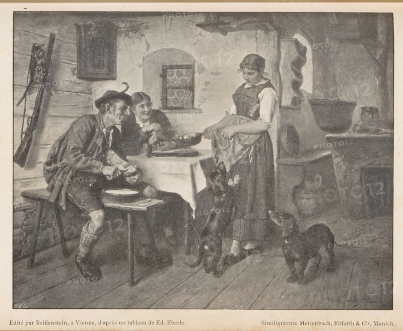 Reproduction of a painting of a family at the table by Adolf Eberle, reproduction, page, photomechanical print, cliché maker: Meisenbach, Riffarth & Cie., Munich, after painting by Adolf Eberle, publisher: Reiffenstein & Rösch, c. 1892 - in or before 1897, photographer, Bavaria, paper, autotypie, height 126 mm x width 160 mm, adult woman, adult man, dog, dining-room, A grayscale illustration of an interior scene showing three people and two dogs around a small table. A seated man wearing a hat and rustic clothing sits on a bench at one side of the table holding an object in his hands. Next to him a seated woman leans forward with a smiling expression, hands near a bowl on the table. A standing young woman in a traditional dress holds a cloth and looks down toward the table. Two dogs stand on the wooden floor near the young woman's feet, facing toward the people. The room features a small window with patterned panes set in a textured wall, a large pot or cauldron on a ledge, hanging rop...