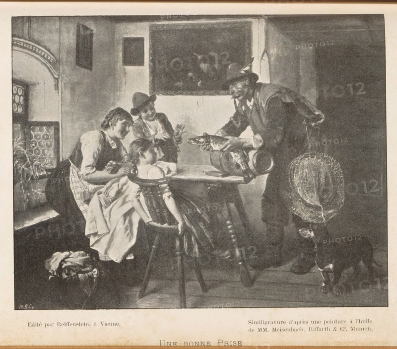 Reproduction of a painting of a family at the table, probably by Adolf Eberle, Une bonne Prize, reproduction, page, photomechanical print, cliché maker: Meisenbach, Riffarth & Cie., Munich, after painting by Adolf Eberle (possibly), publisher: Reiffenstein & Rösch, Vienna, c. 1892 - in or before 1897, photographer, Bavaria, Lower Austria, paper, autotypie, height 119 mm x width 151 mm, family life at home, dining-room, An interior scene in muted tones shows a man wearing a hat and coat leaning toward a wooden table while holding a large fish over a metal container, a woven basket hanging at his side; around the table three children and a woman in period clothing watch him, one child seated in a wooden chair with braided hair and another child standing with a hat, the woman leaning forward from a window seat; the room features a window with circular panes, a wall with framed dark rectangles, a large dark painting above the table, and wooden floorboards beneath the furniture.