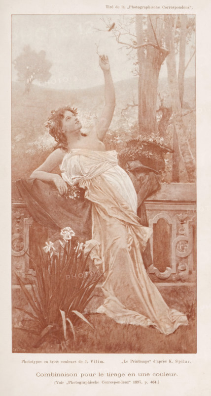 Combinaison pour le tirage en une couleur, Reproduction of Le Printemps by K. Spilar, reproduction, page, photomechanical print, inscription: '(Voir 'Photographic Correspondez'1897, p. 464.)', maker: J. Villim, after painting by K. Spilar, c. 1893 - in or before 1898, paper, autotypie, height 181 mm x width 99 mm, adult woman, spring landscape, landscape symbolizing spring (the four seasons of the year), A tall sepia-toned image of a woman seated on an ornate stone balustrade, wearing a flowing, draped gown that cascades to the ground, her head crowned with foliage, one arm resting on the balustrade and the other raised upward toward a small bird perched on a thin tree branch; behind her are trees and distant landscape, and at her side on the balustrade sits a wreath of leaves, while in the foreground a cluster of tall flowers stands at the base of the balustrade.