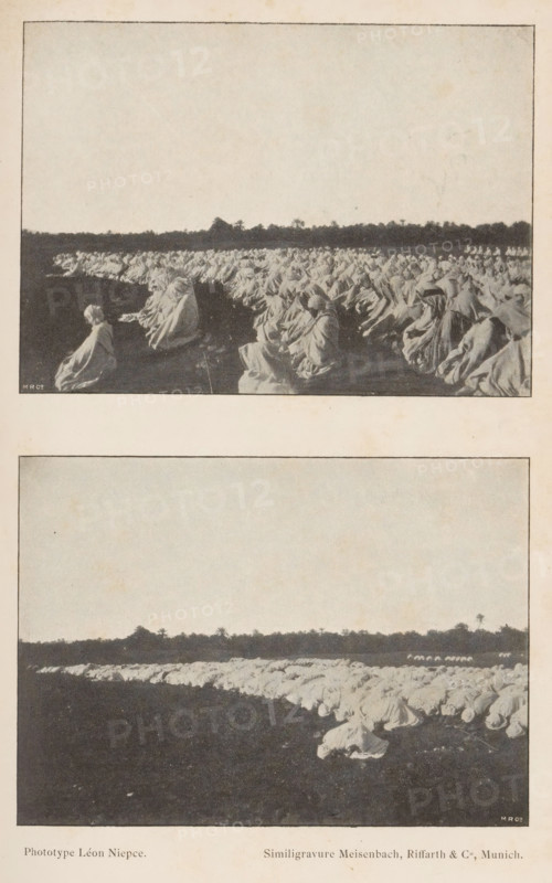 La Prière, Groups of people praying, page, photomechanical print, maker: Léon Niepce, cliché maker: Meisenbach, Riffarth & Cie., Munich, c. 1893 - in or before 1898, Bavaria, paper, autotypie, height 225 mm x width 144 mm, Prints opposite page 140., prayer, Islam, Mohammedanism, A vertical image showing two sepia-toned rectangular photographs stacked with a pale border around them, each depicting a wide outdoor scene of numerous figures draped in light-colored cloths arranged in rows across a dark ground, with a low, distant treeline along the horizon and a light sky above, the upper photograph showing figures seated and slightly turned while the lower photograph shows figures prostrate on the ground, both framed by a narrow darker inner border and surrounded by an aged paper background.