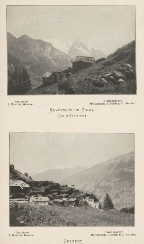 Mountain landscape with huts near Zinal, Au-dessus de Zinal (Val d'Anniviers), page, photomechanical print, maker: Joseph Bouvier, cliché maker: Meisenbach, Riffarth & Cie., Munich, c. 1895 - in or before 1900, Joseph Bouvier, Meisenbach, cliché maker, Bavaria, paper, autotypie, height 76 mm x width 110 mm, city-view in general, 'veduta', mountain-range, snow peaks, hut, cabin, lodge, Zinal, A vertically oriented page showing two black-and-white landscape photographs framed with thin borders and separated by text. The top photograph depicts a mountainous scene with steep slopes, rocky outcrops, and a cluster of stone huts with flat, shingled roofs situated on a grassy incline; distant peaks rise behind a hazy sky. The middle area between photographs contains centered printed words. The bottom photograph shows a hillside village of closely spaced buildings with pitched roofs extending along a slope, foreground grass and scattered rocks, a lone tree near the village edge, and layered mou...