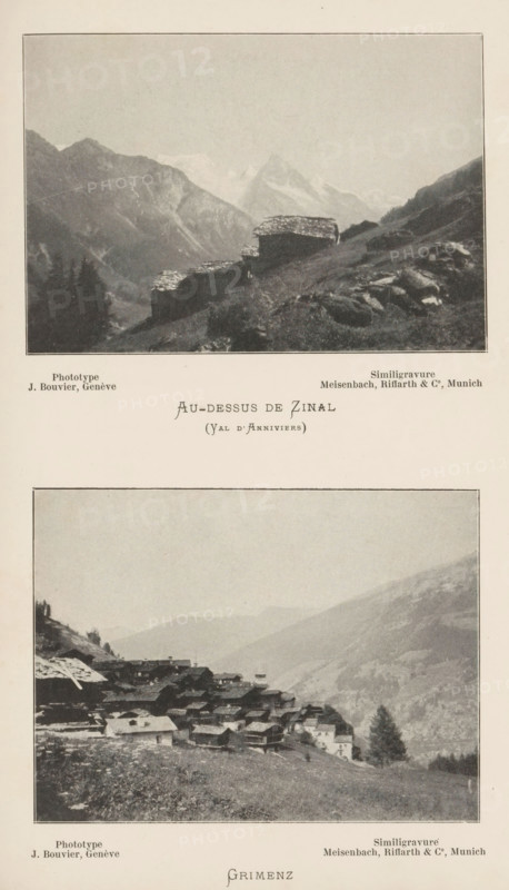 Grimenz, View of Grimentz, page, photomechanical print, maker: Joseph Bouvier, cliché maker: Meisenbach, Riffarth & Cie., Munich, c. 1895 - in or before 1900, Bavaria, paper, autotypie, height 79 mm x width 110 mm, city-view in general, 'veduta', mountains, hut, cabin, lodge, Grimentz, A vertical page showing two black-and-white photographic plates separated by blank space, each framed with a thin border. The upper photograph depicts a mountainous landscape with steep slopes and rocky terrain, a cluster of low stone buildings with flat, textured roofs set on a hillside in the foreground, distant jagged peaks partially obscured by haze, and scattered rocks and grassy patches on the slope. The lower photograph shows a village of closely packed buildings with pitched and flat roofs arranged on a terraced hillside, a lone tall tree near the edge of the settlement, rolling valley slopes and misty distant mountains in the background, and foreground grass and uneven ground.