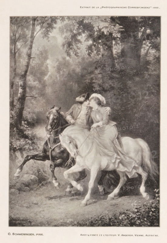 Moment propice, Reproduction of a painting of kissing horsemen by Carl Schweninger, reproduction, page, photomechanical print, monogram: 'AG', inscription: 'Extrait de la 'Photographische Correspondenz' 1900', cliché maker: unknown, after painting by Carl Schweninger (II), publisher: Victor Angerer, c. 1895 - in or before 1900, photographer, paper, autotypie, height 146 mm x width 105 mm, riding a horse, ass, or mule, rider, horseman, (lovers) kissing each other, A black and white illustration shows two riders on horses in a wooded setting. One rider is a man wearing a hat and coat, seated on a darker horse that is rearing slightly with its front legs raised. The other rider is a woman in a flowing dress, seated on a lighter horse that is lifting a front leg as it moves. The woman leans toward the man and they appear close together, with the man's arm around her. Tall trees with leafy branches surround them, and foliage and undergrowth are visible on the ground beside the path the hors...