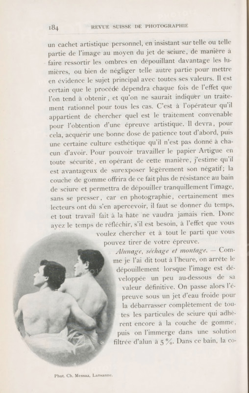 Two bare male backs, page, photomechanical print, monogram: 'C. Cie', photographer: Charles Messaz, cliché maker: Corbaz & Cie, c. 1897 - in or before 1902, paper, autotypie, height 74 mm x width 56 mm, historical persons, back, A page from a book showing a large block of printed paragraphs in a serif font occupying the upper and right portions, with a small header near the top center and a small number at the top left; at the lower left is an oval photographic vignette of two shirtless figures viewed from behind, one slightly in front with an arm around the other, both with short dark hair and pale skin tones against a soft gray background, and a small photographer credit line beneath the image.
