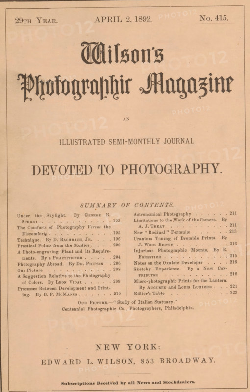 Wilson's photographic magazine, magazine, publisher: Edward Livingston Wilson, New York (city), 1892-04-02, Edward Livingston Wilson, publisher, North America, paper, printing, wood engraving, autotype, albumen print, height 255 mm x width 176 mm x thickness 4 mm, A faded, sepia-toned page with ornate blackletter headings at the top, a centered large bold line of text beneath them, and several smaller blocks of printed lines arranged in two narrow columns toward the middle and bottom; thin rectangular border lines frame the page, and there are faint creases and age spots visible on the paper.