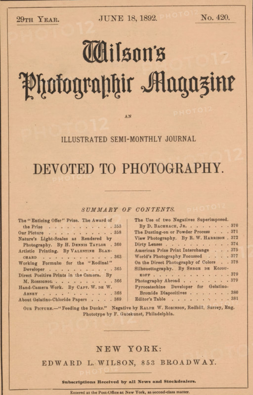 Wilson's photographic magazine, magazine, publisher: Edward Livingston Wilson, New York (city), 1892-06-18, Edward Livingston Wilson, publisher, North America, paper, printing, wood engraving, autotype, collotype, height 254 mm x width 176 mm x thickness 4 mm, A vertically oriented aged paper page with a decorative blackletter title near the top, centered ornamental headings and blocks of smaller printed columns lower down, a pale tan background with a thin dark border around the page, horizontal divider lines separating sections, and an overall vintage typographic layout with varying typefaces and spacing.