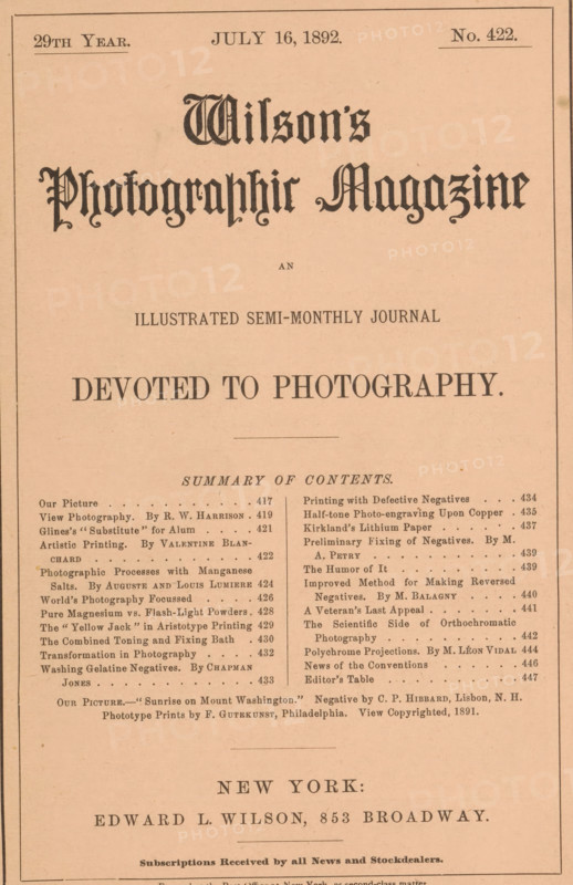 Wilson's photographic magazine, magazine, publisher: Edward Livingston Wilson, New York (city), 1892-07-16, Edward Livingston Wilson, publisher, North America, paper, printing, wood engraving, autotype, collotype, height 257 mm x width 176 mm x thickness 4 mm, A faded peach-colored magazine cover with a decorative black border, ornate blackletter title text near the top, a large centered subtitle in bold uppercase letters below it, and columns of smaller serif text and dotted lines in the middle area resembling a contents list, all printed in dark ink on aged paper.