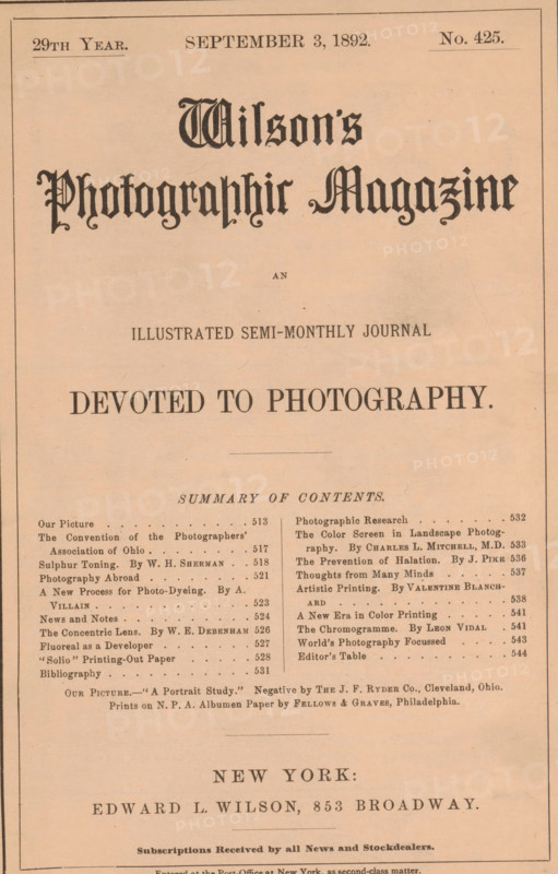 Wilson's photographic magazine, magazine, publisher: Edward Livingston Wilson, New York (city), 1892-09-03, Edward Livingston Wilson, publisher, North America, paper, printing, wood engraving, autotype, albumen print, height 255 mm x width 175 mm x thickness 4 mm, A vertical page with a pale peach background and a thin dark border, featuring a large ornate black title in a decorative gothic style near the top and centered medium-weight heading text below it, followed by a larger bold line of text in heavy serif type across the page. Below that is a thin horizontal rule and a lighter-weight centered subheading above two narrow columns of smaller serif text and dotted leader lines, each column separated by a faint vertical gap and containing short lines of text aligned left and right. Midpage shows a short centered line of small text above a horizontal rule, and the lower third of the page displays a wide centered place-name in bold uppercase serif with additional centered lines of small...