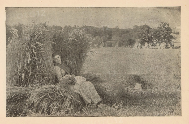 Reproduction of a design of a person sitting in a reed collar, reproduction, page, photomechanical print, cliché maker: Kurtz, after design by anonymous, c. 1890 - in or before 1895, photographer, paper, autotypie, height 120 mm x width 192 mm, meadow, pasture, sitting figure, plants and herbs: reed, A monochrome scene shows a woman reclining against a tall stack of cut grain in a field, wearing a long dress and a shawl, her head tilted and gaze directed outward. The grain stack surrounds her on one side and a bundle of loose stalks lies at her feet. In the foreground near the bundle, a ceramic jug sits on the grass. The background features an open grassy field extending to a line of trees and several additional haystacks scattered near the treeline. The image has a textured, halftone appearance and a narrow border framing the scene.