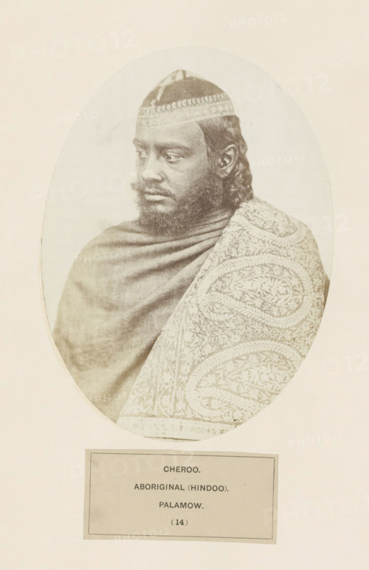 Portrait of an unknown man from the Chero community from Palamu in Jharkhand, India, photograph, page, number: '(14)', inscription: 'CHEROO., ABORIGINAL (HINDOO)., PALAMOW.', Palamu, c. 1858 - in or before 1868, photographer, Jharkhand, paper, albumen print, height 177 mm x width 130 mm, human races, peoples, nationalities, A sepia-toned oval portrait of a dark-skinned man shown from the shoulders up, wearing a patterned cap and a shawl draped over his shoulders; his face is turned slightly to his left with a calm expression, a full beard and mustache, and short curly hair visible at the sides, while the shawl on his right shoulder displays an intricate swirling floral pattern and the background around the oval is plain.