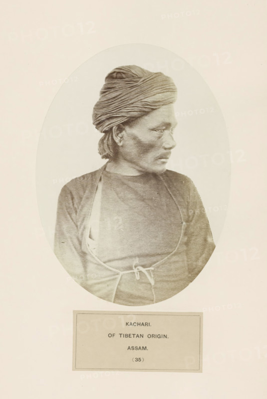 Portrait of an unknown man from the Kachari community of Assam, photograph, page, The Kacharis fall under the Bodo-Kachari people., number: '(35)', inscription: 'KACHARI., OF TIBETAN ORIGIN., ASSAM.', photographer: Benjamin Simpson (possibly), Assam, c. 1858 - in or before 1868, paper, albumen print, height 175 mm x width 129 mm, head-gear: turban, human races, peoples, nationalities, A sepia-toned oval portrait of a person shown from the chest up, turned in profile to their left, wearing a wrapped headscarf with visible folds and a dark long-sleeved garment with a tied cord across the front; the person has short hair visible at the nape, a mustache, and a contemplative facial expression, all set against a light neutral background within a rectangular page.