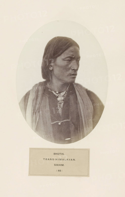 Portrait of an unknown man from the Bhutia community of Sikkim, photograph, page, number: '(44)', inscription: 'BHOTIA., TRANS-HIMALAYAN., SIKHIM.', photographer: Benjamin Simpson (possibly), Sikkim, c. 1858 - in or before 1868, paper, albumen print, height 175 mm x width 129 mm, human races, peoples, nationalities, An oval-framed sepia photograph shows a three-quarter portrait of a person with straight dark hair falling to about shoulder length, a serious facial expression, and gaze turned to the side; the person wears layered garments including a dark tunic and lighter shawl-like drapes over the shoulders, and a beaded necklace with a pendant hanging at the center, all set against a light background with a rectangular mat visible below the oval.