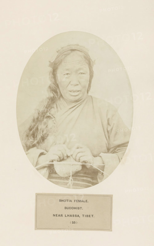 Portrait of an unknown knitting woman from the Bhutia community near Lhasa in Tibet, photograph, page, inscription: 'BHOTIA FEMALE., BUDDHIST., NEAR LHASSA, TIBET', number: '(55)', photographer: Benjamin Simpson (possibly), Lhasa, c. 1858 - in or before 1868, Tibet, paper, albumen print, height 175 mm x width 130 mm, knitting, Hinduism, Buddhism, Jainism, human races, peoples, nationalities, An oval sepia photograph of a woman shown from the waist up wearing simple layered clothing and a head covering, with long hair falling over one shoulder and hands held in front working with a small knitted or woven item and needles, set against a pale background and mounted on a larger sheet.