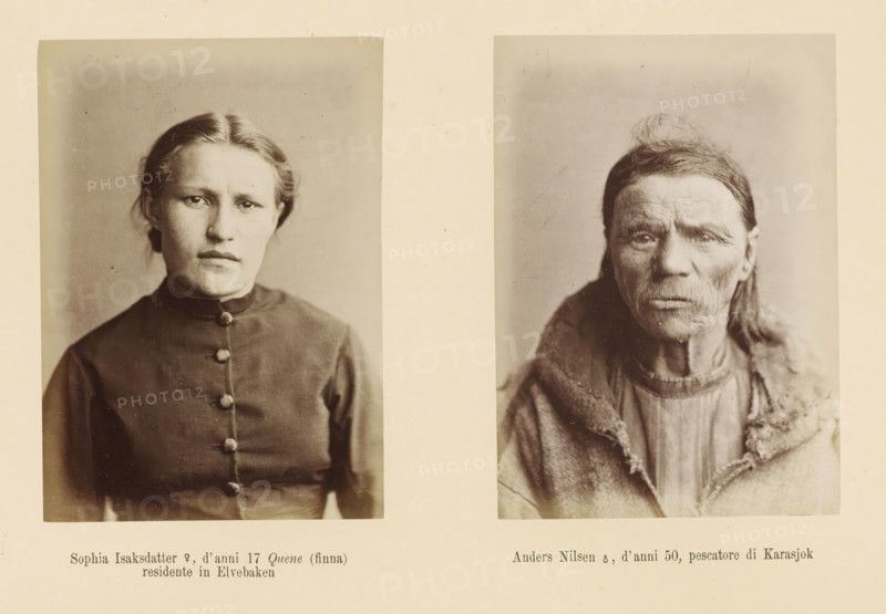 Two portraits of Sophia Isaksdatter and Anders Nilsen, Anders Nilsen ?, d' anni 50, pescatore di Karasjok, Sophia Isaksdatter ?, d' anni 17 Quene (finna) residente in Elvebaken, page, Left a front view of Sophia Isaksdatter, right a front view of Anders Nilsen., number: 'Tavola XVIII.', photographer: Paolo Mantegazza, Scandinavia, photographer: Carlo Pietro Stefano Sommier, c. 1870 - in or before 1880, paper, albumen print, height 254 mm x width 340 mm, Photo in photo section at the back, adult man (front view), adult woman (front view), A split image showing two sepia-toned portrait photographs mounted on a cream background, the left portrait of a young woman facing forward with hair pulled back and wearing a high-collared dark dress with a row of round buttons down the front, and the right portrait of an older person facing forward with long hair, a mustache and lined facial features, wearing a textured outer garment with a visible collar; both portraits are rectangular with soft foc...