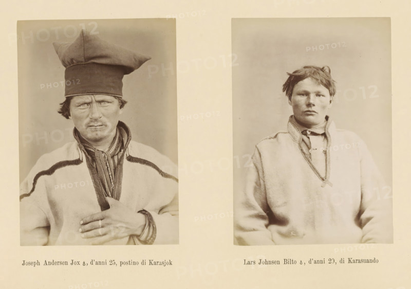 Joseph Andersen Jox ?, 25 years old, post in Karasjok, Lars Johnsen Bilto ?, 20 years old, in Karasuando, Two portraits of Joseph Andersen Jox and Lars Johnsen Bilto, page, Left a front view of Joseph Andersen Jox, right a front view of Lars Johnsen Bilto., number: 'Tavola IX.', photographer: Paolo Mantegazza, Scandinavia, photographer: Carlo Pietro Stefano Sommier, 1870 - 1880, paper, albumen print, height 254 mm x width 340 mm, Photo in photo section at the back., head-gear, adult man (front view), A sepia-toned image showing two portrait photographs side by side on a light background, each framed by a rectangular border; the left portrait depicts a man wearing a tall, soft hat with a wide, folded top, a light-colored outer garment with dark trim along the shoulders, a patterned collar peeking out beneath, a mustache, and a visible hand resting on his chest with a ring on a finger; the right portrait shows a younger person with short, tousled hair, a plain light-colored pullover with...