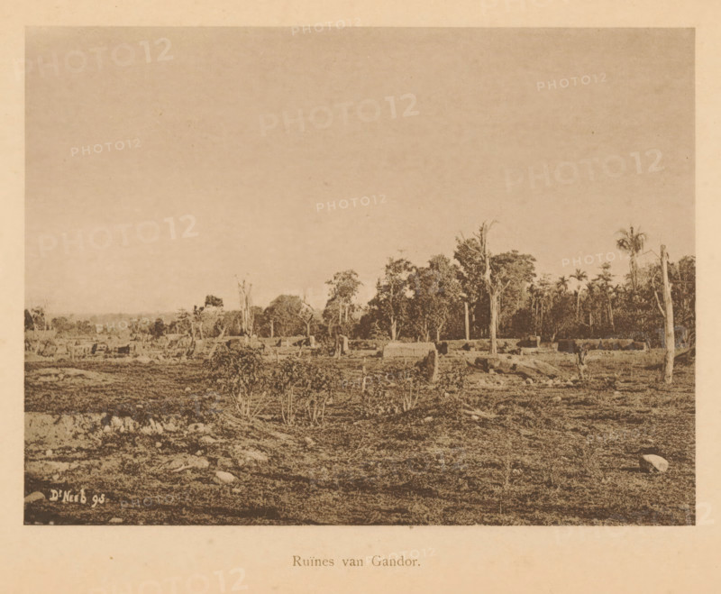 Ruins of Gandor, Ruins in a field, page, photomechanical print, maker: Christiaan Johan Neeb, c. 1892 - in or before 1897, paper, collotype, photoprint, height 122 mm x width 166 mm, landscape with ruins, Indonesia, A wide sepia-toned landscape photograph showing a flat foreground of rough, uneven ground with scattered rocks and low vegetation, a middle ground with stumps, fallen logs, and sparse small bushes, and a background of taller trees including some thin trunks and a few palm-like trees beneath a large empty sky.
