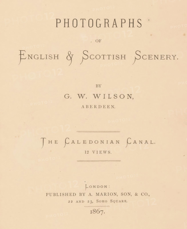 Photographs of English and Scottish scenery : the Caledonian Canal, book, retailer's mark: 'WD Clark, 67 Princes Street, EDINb', annotation: 'OCT, 1992', writer (clerical worker): George Washington Wilson, Aberdeen, publisher: A. Marion Son & Co., London, c. 1867, George Washington Wilson, A. Marion Son & Co., writer (clerical worker), publisher, pasteboard, paper, textile materials, printing, albumen print, color on cut, height 227 mm x width 187 mm x thickness 17 mm, A cream-colored page with faded spots and tiny blemishes showing uneven paper texture and faint discoloration, centered ornamental horizontal lines, and rows of dark serif letterforms arranged in several horizontal groupings across the page.
