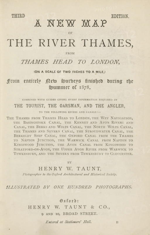 Camping out in a quiet corner, Three men camping on the banks of the Thames, page, photomechanical print, photographer: Henry W. Taunt, England, clichémaker: anonymous, in or after 1878 - in or before 1879, paper, collotype, light pressure, height 94 mm x width 141 mm, Print opposite title page, river, tent, The image shows an aged sheet with printed title layout in dark serif and decorative type across a light beige background, arranged in centered lines of varying sizes and styles; there are large bold capital words at the top, followed by smaller italic and roman lines, a paragraph block of tightly set serif text in the middle, a prominent name in larger capitals lower down, and additional smaller lines and a short italicized line near the bottom, all exhibiting slight paper texture, small foxing spots, and faint smudges.