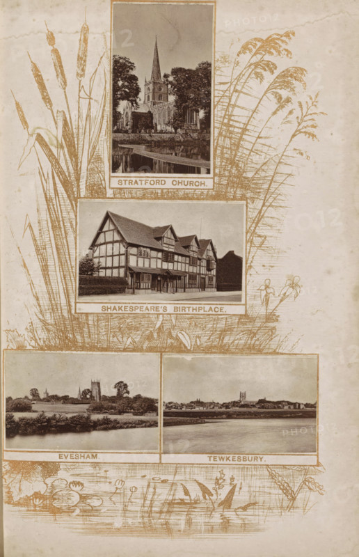 Four buildings along the Thames, print, page, photomechanical print, Top: view of the church in Stratford, middle: view of William Shakespeare's birthplace in Stratford-upon-Avon, bottom: view of Evesham and Tewkesbury., inscription: 'Stratford church. Shakespeare's birthplace. Evesham. Tewksbury.', photographer: Henry W. Taunt, England, in or after 1878 - in or before 1879, printmaker, paper, Woodburytype, engraving, height 182 mm x width 120 mm, Prints opposite page 136., river, Worcestershire, Gloucestershire, Stratford-upon-Avon, Tewkesbury, Evesham, A vertical printed collage on aged paper showing four framed photographic scenes arranged in a grid with decorative reed and lily illustrations around them; the top frame contains a church with a tall spire surrounded by trees and a reflective body of water in front; the second frame below it shows a timbered, multi-gabled building with visible half-timber architecture and a paved area at its front; the lower left frame displays a rive...