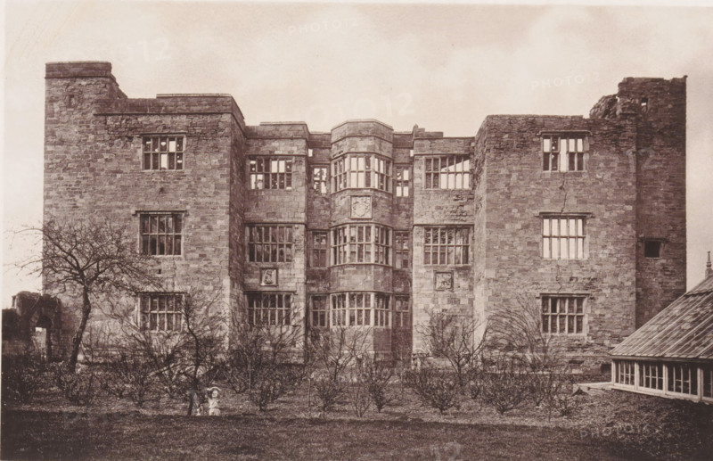 View of the New Hall in Pontefract, Remains of New Hall. March 31st 1885., page, photomechanical print, Pontefract, clichémaker: Autotype Company, The, 1885-03-31, photographer, paper, collotype, photoprint, height 114 mm x width 178 mm, edifice, eg: public building, department store, A wide stone building with a symmetrical facade and multiple tall rectangular windows fills the image, showing a central projecting bay with curved windowed sections and flanking flat towers; the stonework appears weathered and the windows have mullions with some panes missing or dark. In front of the building there is a garden area with bare shrubs and small trees, and a solitary deciduous tree with twisted branches stands left of center. Near the foreground a figure in light clothing sits on the grass beside a small dog. At the far right a greenhouse or glass-roofed structure adjoins the main building. The sky above is pale and mostly clear.