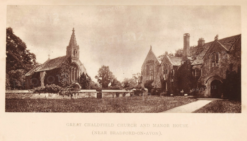 View of Chadfield Church and Manor House, near Bradford-on-Avon, Great Chaldfield Church and Manor House (near Bradford-on-Avon), page, photomechanical print, photographer: Foote, Bradford-on-Avon, cliché maker: Woodbury Permanent Photographic Printing Company (possibly), c. 1871 - in or before 1876, paper, Woodburytype, Woodburytypie, height 62 mm x width 136 mm, church (exterior), civic architecture, edifices, dwellings, A sepia-toned photograph shows an old stone church with a tall spire and arched windows on the left and a manor-like building with steep gables, chimneys, mullioned windows, and an arched doorway on the right, both partially covered in climbing ivy and surrounded by trees and shrubs, with a low stone wall and a gate running between them and a grassy lawn and a straight path leading toward the right building.