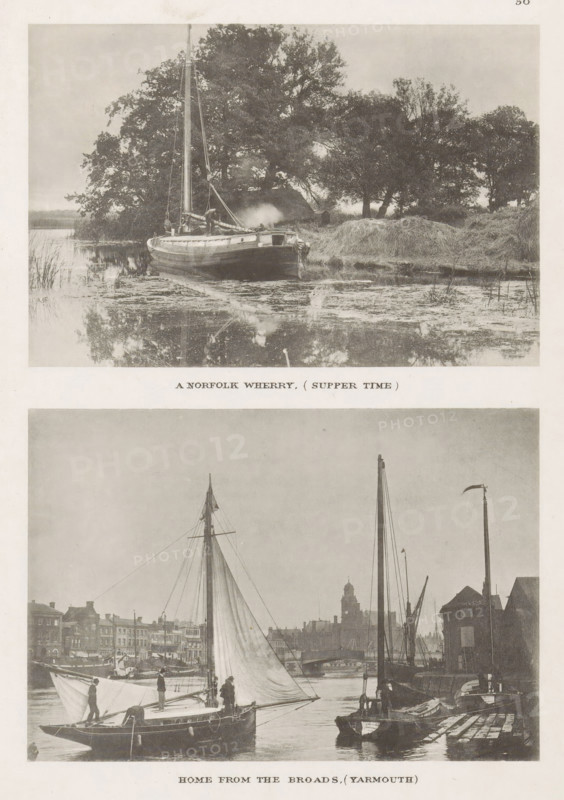 View of a wherry along the bank, A Norfolk wherry, (supper time), page, photomechanical print, photographer: John Payne Jennings, Norfolk (county), cliché maker: Permanent Photo Printing Works, Ashtead, Surrey, c. 1886 - in or before 1891, paper, collotype, photoprint, height 78 mm x width 115 mm, sailing-ship, sailing-boat, river, A vertical image showing two sepia-toned scenes stacked one above the other, each framed by a light border. The upper scene depicts a riverbank with a moored sailboat seen from the side, a tall mast rising upward, trees behind the boat, grassy banks and calm water reflecting the boat and foliage. The lower scene shows a harbor with several sailing vessels, one prominent boat in the foreground with its sail partially raised and people standing on its deck, a docked boat to the right, buildings and waterfront structures in the background, masts and rigging rising against a hazy sky, and water reflecting parts of the boats and dock.
