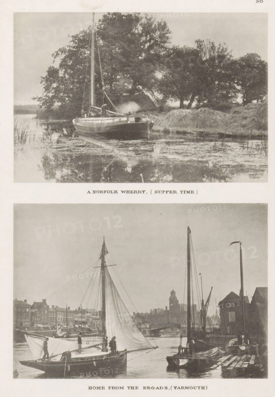 Home from the Broads, (Yarmouth), View of Great Yarmouth with a sailing boat sailing in, page, photomechanical print, photographer: John Payne Jennings, Great Yarmouth, cliché maker: Permanent Photo Printing Works, Ashtead, Surrey, c. 1886 - in or before 1891, Norfolk (county), paper, collotype, photoprint, height 80 mm x width 115 mm, harbour, sailing-ship, sailing-boat, river, A vertical composite image showing two sepia-toned nautical scenes separated by a blank margin. The upper scene depicts a small sailboat moored near a grassy shore with tall trees in the background; the boat is positioned with its bow facing outward and a single mast rising above its hull, with reflections visible in the calm water and reeds at the water’s edge. The lower scene shows a harbor view with a larger sailboat under partial sail in the foreground, figures standing on its deck, other moored vessels alongside a wooden quay, masts and rigging rising against a skyline of buildings, and a bridge and distan...