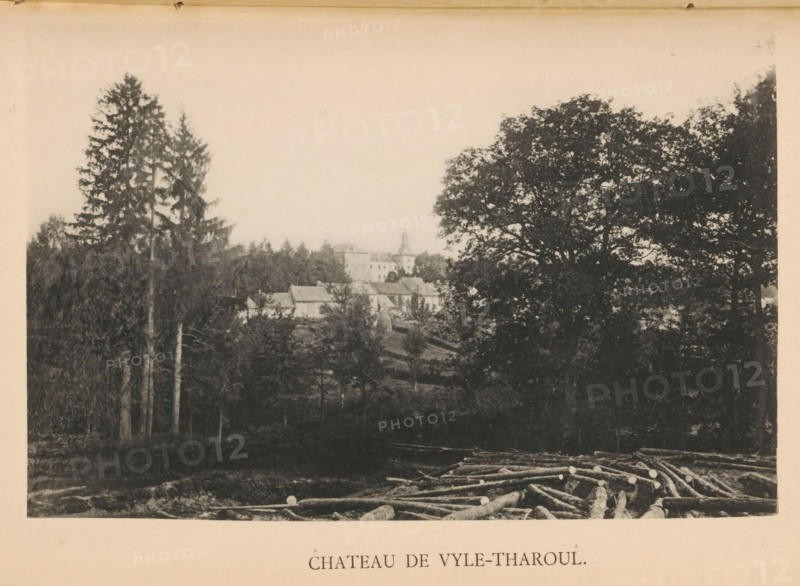 Landscape with Château de Vyle-Tharoul, Chateau de Vyle-Tharoul, page, photomechanical print, photographer: attributed to Victor Gaillard, Liège, clichémaker: attributed to Emile Aubry, Brussels, c. 1885 - in or before 1890, cliché maker, Attributed to, paper, collotype, photoprint, height 105 mm x width 157 mm, castle, A faded monochrome photograph shows a wooded landscape with tall evergreen trees on the left and a large leafy tree dominating the right, a cluster of lighter-toned buildings partially visible through the trees near the center with a structure that has a tower or steeple, a foreground area with piled logs and cut timber, and a pale sky filling the upper portion of the image.