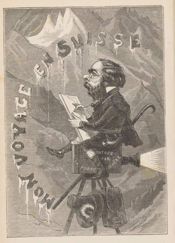 Voyage en Suisse, book, annotation: 'ICB 38', date: 'Apr 1990', photographer: Louis Ghémar, 1868, writer (clerical worker), textile materials, paper, linen (material), printing, albumen print, shell marbled paper, height 231 mm x width 158 mm x thickness 23 mm, A detailed black and white engraved illustration shows a bearded man in profile seated on a box atop a tripod, holding a sketchbook and pencil with one hand while the other steadies the book; he wears spectacles, a coat with visible texture, and boots, and a curved cane is hooked over the back of the box; behind him are layered mountain peaks rendered with fine horizontal lines, and large three-dimensional letters appear suspended in the air above and to the left of him with drips beneath them; at the base of the tripod a wide-brimmed hat and a fur-lined bag hang, and the entire scene is framed by a thin rectangular border.