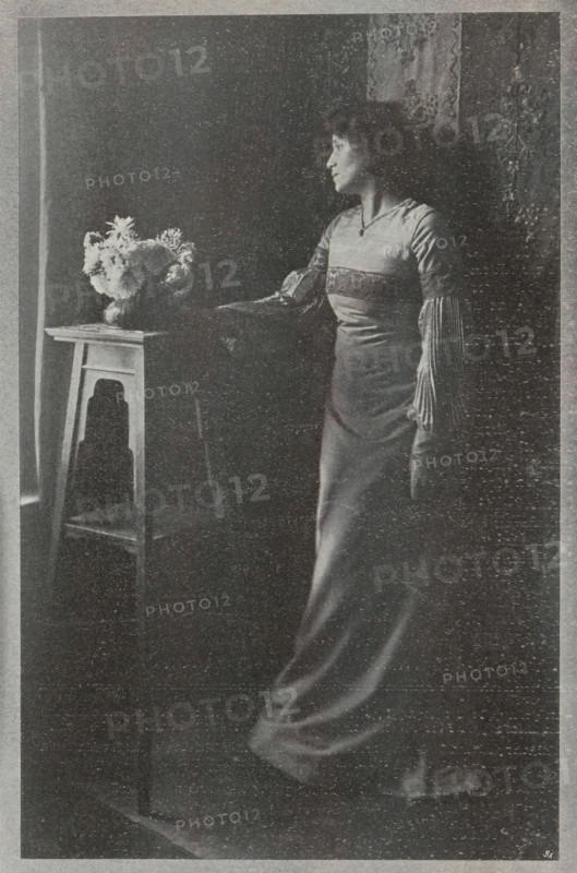 Portrait of an unknown woman, page, photomechanical print, inscription: 'Photographische Mitteilungen XL', monogram: 'BX', photographer: Fritz Loescher, cliché maker: unknown, c. 1898 - in or before 1903, paper, autotypie, height 190 mm x width 125 mm, historical persons - BB - woman, A grainy black-and-white photograph of a woman standing beside a narrow wooden table that holds a vase of flowers, the woman facing toward a window with her profile visible and her hand resting on the table, wearing a long, fitted dress with a decorative band across the chest and long fringed sleeves, her hair loose around her shoulders, patterned drapery or wallpaper visible behind her and soft light coming from the left illuminating the flowers and the side of her face.