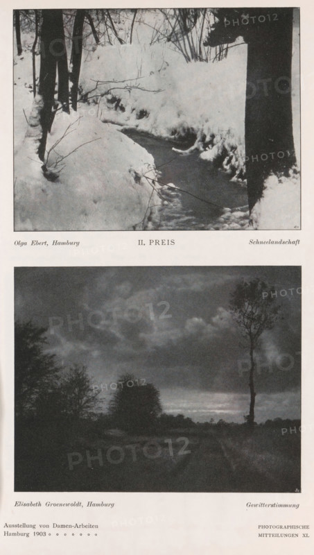 Schneelandschaft, Snow landscape, page, photomechanical print, photomontage, monogram: 'BX', inscription: 'II. Preis', inscription: 'Hamburg', photographer: Olga Ebert, cliché maker: unknown, c. 1898 - in or before 1903, paper, autotypie, height 97 mm x width 125 mm, Print on third unnumbered page after page 82., landscapes, snow, A vertically oriented page showing two black-and-white photographic images separated by blank space, the top image depicting a snowy landscape with a narrow stream running through banks of heavy snow, bare tree trunks and thin branches rising from the snow on both sides, and dark vertical tree forms framing the scene; the bottom image showing a moody landscape with a cloudy sky over a flat area, silhouettes of trees and shrubs along the horizon, a tall slender tree standing prominently on the right, and a darker foreground leading toward the distant treeline.