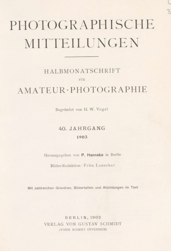Photographische Mittheilungen, book, annotation: 'fxc 1, 37', collector's mark: 'Bibliothek des Verkaufssyndikat der Kaliwerke. Journal-No. 2639', writer (clerical worker): Paul Hanneke, editor (person who revises): Fritz Loescher, publisher: Verlag von Gustav Schmidt, Berlin, 1903, Paul Hanneke, Fritz Loescher, Verlag von Gustav Schmidt, writer (clerical worker), editor (person who revises), publisher, textile materials, paper, linen (material), transparent paper, printing, autotype, photoaquatint, height 267 mm x width 200 mm x thickness 50 mm, The image shows a vertically oriented, lightly aged page with centered lines of dark serif printing spaced down the page, including a large bold headline near the top, a thinner horizontal rule below it, several smaller lines of text of varying sizes descending the page, and a denser block of text near the lower middle, all on a pale cream background with slight texture and faint discoloration.