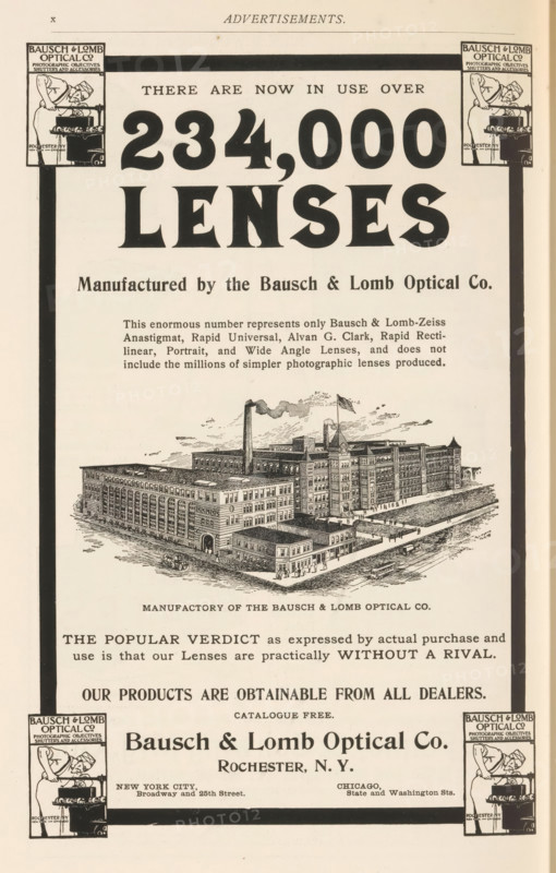 Kodak camera, page, photomechanical print, c. 1895 - in or before 1900, paper, autotype, height 43 mm x width 52 mm, camera, photography, A vertically oriented vintage advertisement page with a thick black border, large bold typographic elements near the top, decorative corner boxes each containing a small illustrated figure leaning over a machine, an intricate engraved illustration of a large industrial building complex with smokestacks and an American flag on one tower, small drawn figures and vehicles around the building, and various lines of printed content and separators arranged above and below the building illustration.