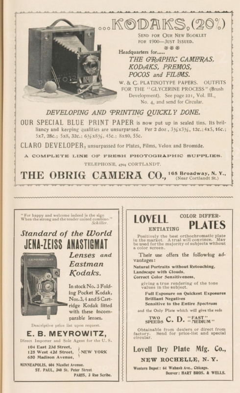 Kodak camera, page, photomechanical print, c. 1896 - in or before 1901, paper, autotype, height 43 mm x width 52 mm, Print in a section of advertisements at the back of a book. Print is part of an advertising message by Kodak., camera, photography, A vertically oriented page showing three printed advertisements separated by borders; the top ad features a detailed illustration of a vintage folding camera with a bellows and a handle, placed on a draped surface, and a decorative header across the top of the ad; the middle left ad shows another detailed illustration of a tall folding camera with visible lens and bellows alongside bold headline text and several blocks of smaller printed text, all framed within a thin rectangular border; the middle right ad is divided by a vertical dashed line and contains dense columns of printed text with varied typeweights and a bold title at the top, ending with a company name and location at the bottom; the page background is aged paper with a narrow de...